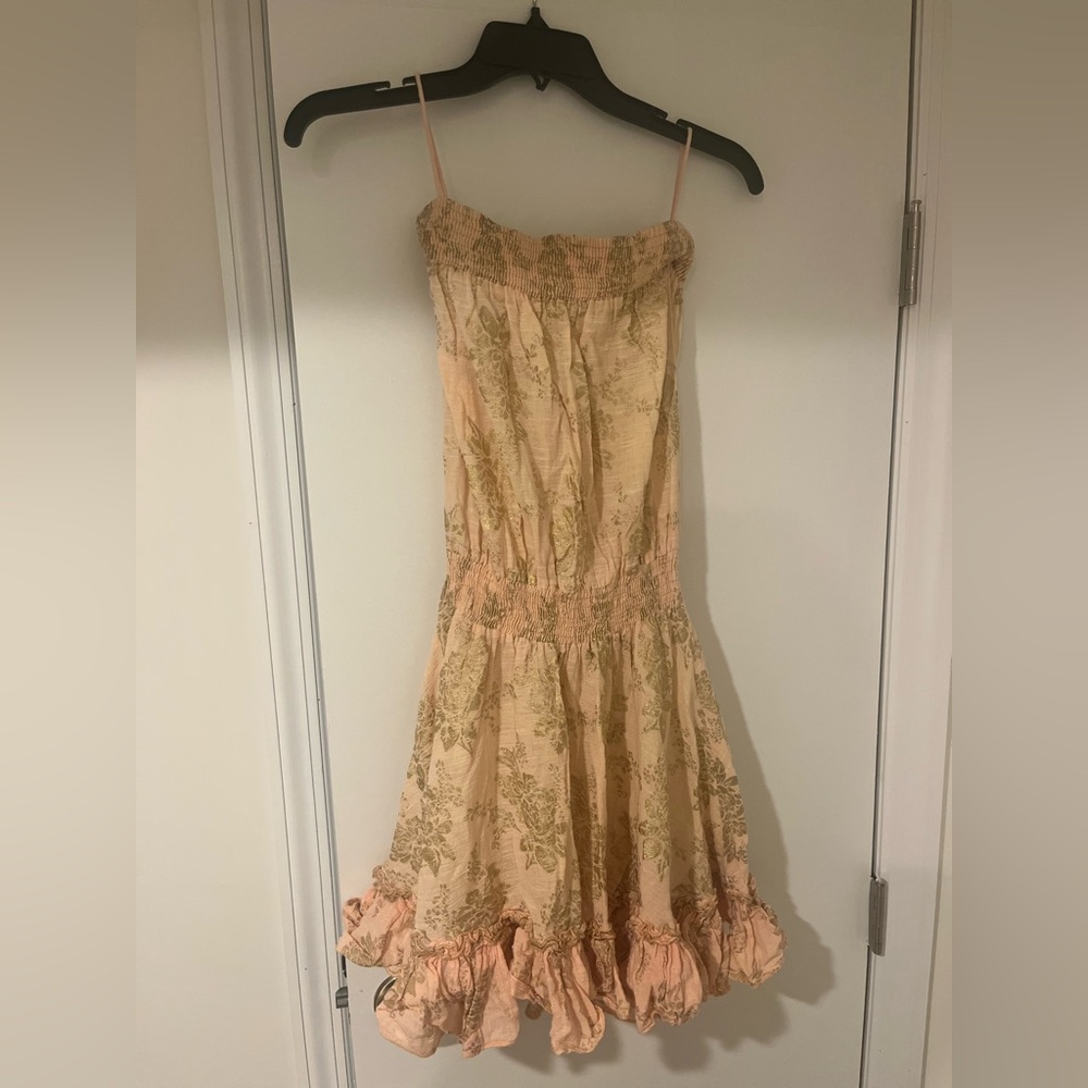 Anouk Grewal Peach Floral Smocked Sundress Women’s XS Ruffle Hem Boho